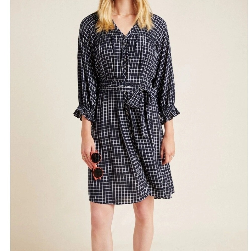 Maeve Anthropologie Sara Navy Windowpane Grid Button Tie Waist Midi Dress Sz‎ L